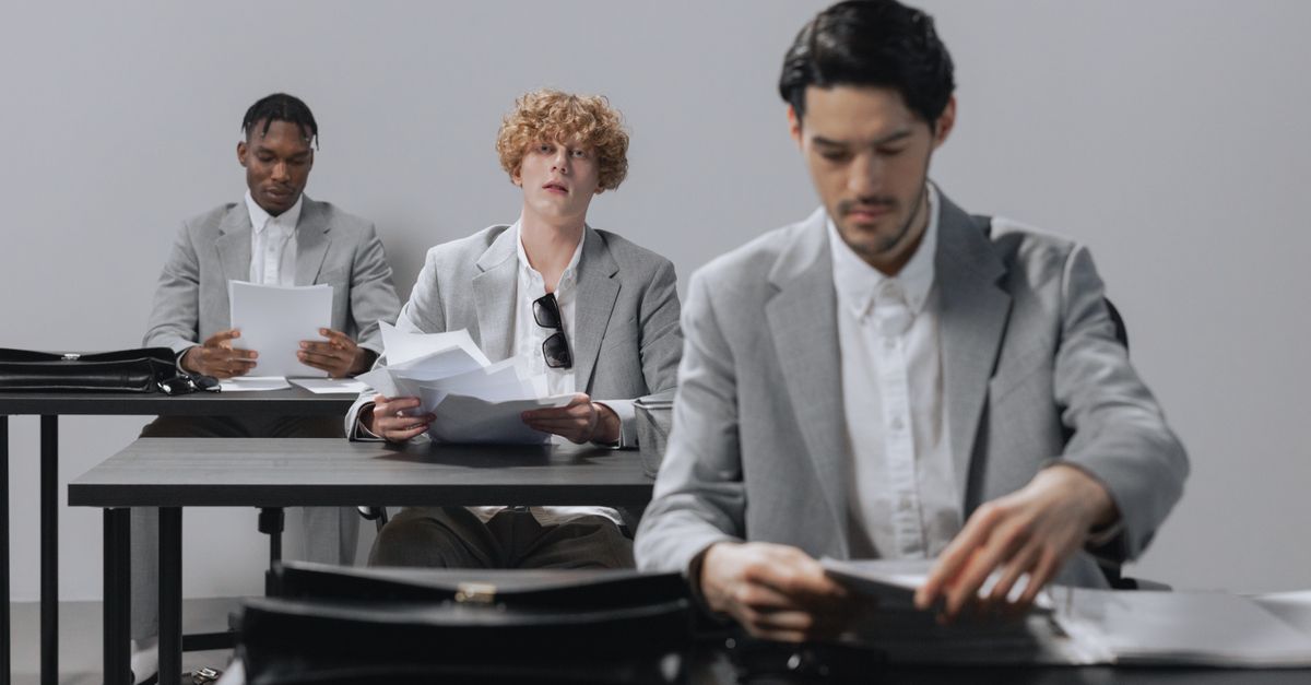 Three multicultural businessmen review documents at work. Professional teamwork and collaboration.